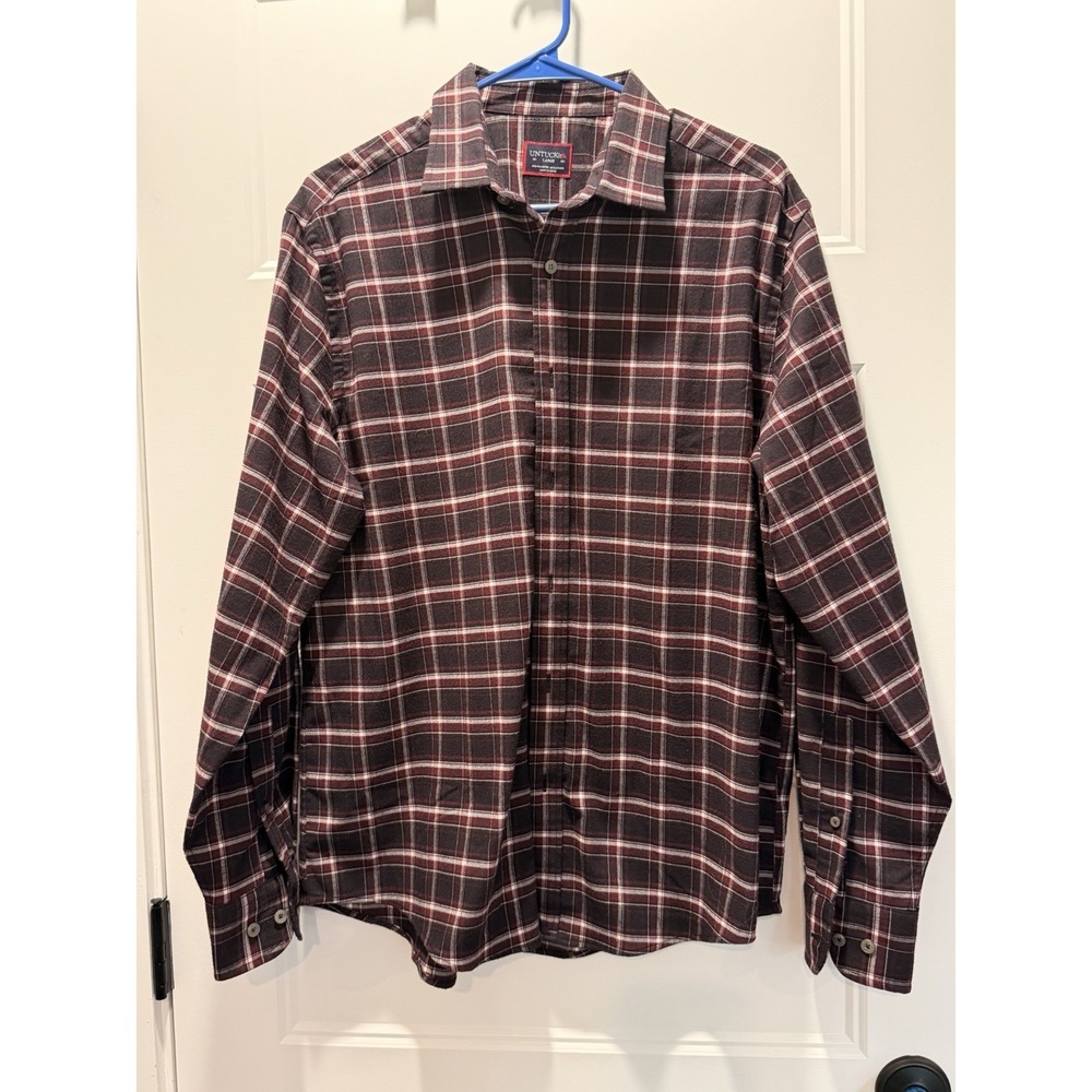 UNTUCKit Mens Large Burgundy Black Plaid Shirt 98% Polyester Stretch Flannel